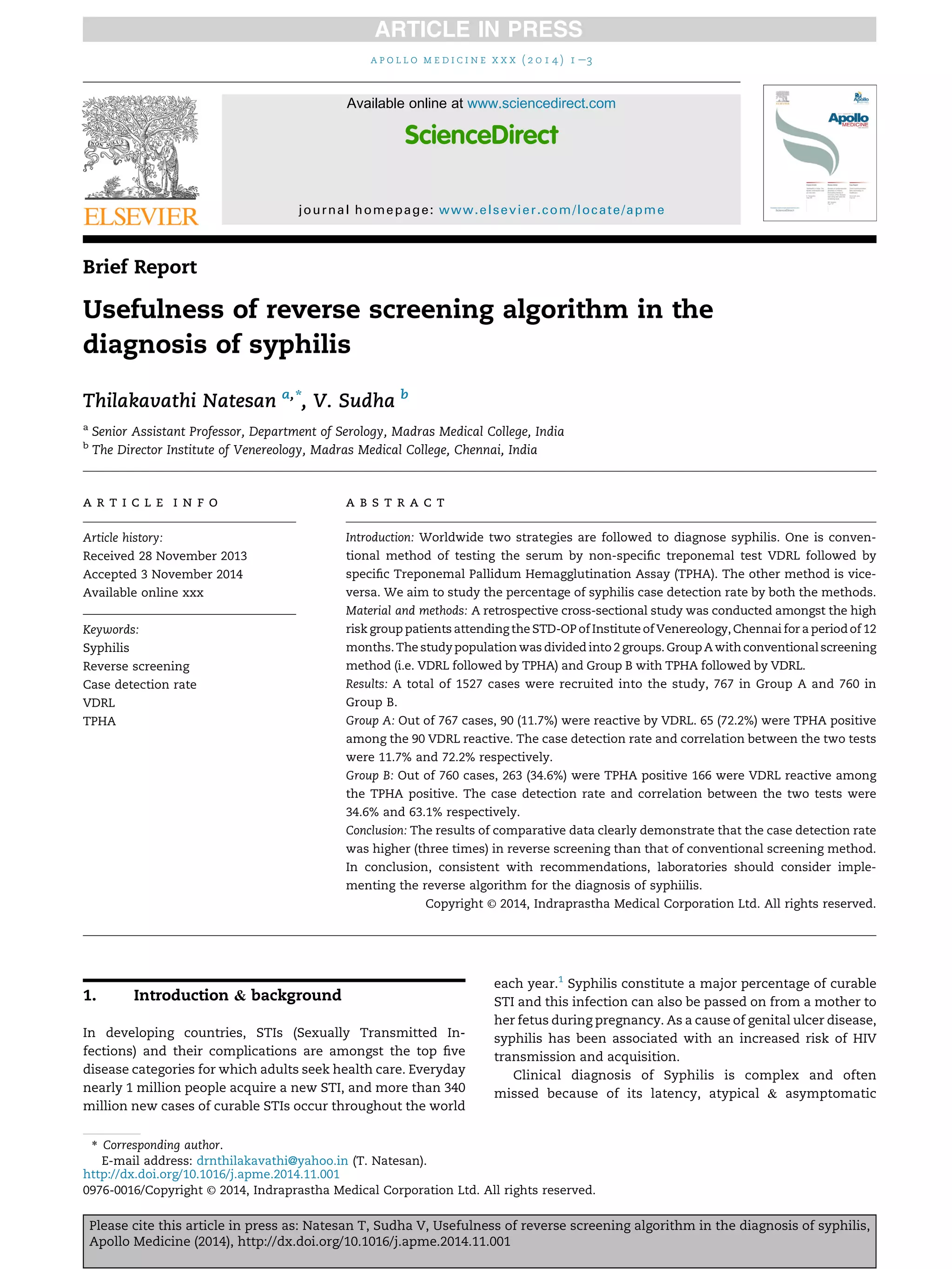 Usefulness of reverse screening algorithm in the diagnosis of syphilis ...