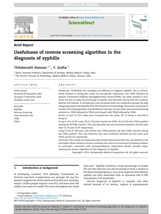 Usefulness of reverse screening algorithm in the diagnosis of syphilis