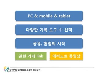 비영리에 유용한 웹서비스
PC & moblie & tablet
다양한 기록 도구 中 선택
공유, 협업의 시작
관련 카페 link 에버노트 동영상
 