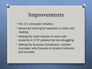 Improvements 
O The 1:1 computer initiative 
O Advanced training for teachers in math and 
reading 
O Adding the math teacher to work with 
students in 2nd-5th grades that are struggling 
O Adding the Success Coordinator, another 
counselor who focuses on student behavior 
and success 
 