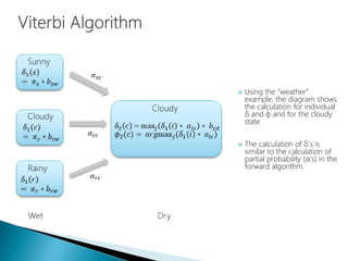  Using the “weather”
example, the diagram shows
the calculation for individual
δ and ɸ and for the cloudy
state.
 The calculation of δ's is
similar to the calculation of
partial probability (α's) in the
forward algorithm.
 