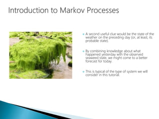  A second useful clue would be the state of the
weather on the preceding day (or, at least, its
probable state).
 By combining knowledge about what
happened yesterday with the observed
seaweed state, we might come to a better
forecast for today.
 This is typical of the type of system we will
consider in this tutorial.
 