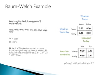 Lets imagine the following set of 9
observations:
WW, WW, WW, WW, WD, DD, DW, WW,
WW
W = Wet
D = Dry
Note: If a Wet/Wet observation came
from Sunny->Rainy sequence, we would
calculate the probability as: 0.3 * 0.2 * 0.5
* 0.9 = 0.027
p(Sunny) = 0.3 and p(Rainy) = 0.7
 