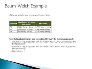 Now we will estimate our new emission matrix:
The initial probabilities can also be updated through the following approach:
 Assume all sequences start with the hidden state “Sunny” and calculate the
best probability.
 Assume all sequences start with the hidden state “Rainy” and calculate the
best probability.
 Normalize to 1.
 