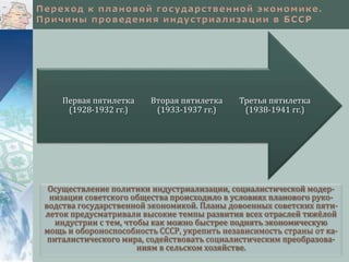 Третья пятилетка
(1938-1941 гг.)
Вторая пятилетка
(1933-1937 гг.)
Первая пятилетка
(1928-1932 гг.)
Осуществление политики индустриализации, социалистической модер-
низации советского общества происходило в условиях планового руко-
водства государственной экономикой. Планы довоенных советских пяти-
леток предусматривали высокие темпы развития всех отраслей тяжёлой
индустрии с тем, чтобы как можно быстрее поднять экономическую
мощь и обороноспособность СССР, укрепить независимость страны от ка-
питалистического мира, содействовать социалистическим преобразова-
ниям в сельском хозяйстве.
 