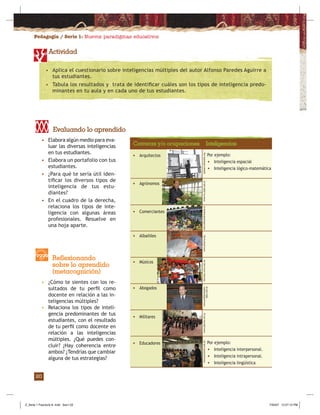 Pedagogía / Serie 1: Nuevos paradigmas educativos
20
Carreras y/o ocupaciones Inteligencias
• Elabora algún medio para eva-
luar las diversas inteligencias
en tus estudiantes.
• Elabora un portafolio con tus
estudiantes.
• ¿Para qué te sería útil iden-
tiﬁcar los diversos tipos de
inteligencia de tus estu-
diantes?
• En el cuadro de la derecha,
relaciona los tipos de inte-
ligencia con algunas áreas
profesionales. Resuelve en
una hoja aparte.
• ¿Cómo te sientes con los re-
sultados de tu perﬁl como
docente en relación a las in-
teligencias múltiples?
• Relaciona los tipos de inteli-
gencia predominantes de tus
estudiantes, con el resultado
de tu perﬁl como docente en
relación a las inteligencias
múltiples. ¿Qué puedes con-
cluir? ¿Hay coherencia entre
ambos? ¿Tendrías que cambiar
alguna de tus estrategias?
Actividad
• Aplica el cuestionario sobre inteligencias múltiples del autor Alfonso Paredes Aguirre a
tus estudiantes.
• Tabula los resultados y trata de identiﬁcar cuáles son los tipos de inteligencia predo-
minantes en tu aula y en cada uno de tus estudiantes.
• Arquitectos Por ejemplo:
• Inteligencia espacial
• Inteligencia lógico-matemática
Por ejemplo:
• Inteligencia interpersonal.
• Inteligencia intrapersonal.
• Inteligencia lingüística
• Agrónomos
• Comerciantes
• Albañiles
• Músicos
• Abogados
• Militares
• Educadores
upload.wikimedia.orgminerva.ufpel.edu.brwww.infotravelromania.rowww.acharia.orgrecursos.cnice.mec.eswww.problemaslabo-
rales.com.ar
www.ejercito.mil.uywww.pucmmsti.edu.do
Evaluando lo aprendido
Reflexionando
sobre lo aprendido
(metacognición)
Z_Serie 1 Fasciculo 8 .indd Sec1:22Z_Serie 1 Fasciculo 8 .indd Sec1:22 7/30/07 12:27:12 PM7/30/07 12:27:12 PM
 