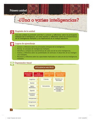 Pedagogía / Serie 1: Nuevos paradigmas educativos
4
Con esta unidad se pretende contribuir a conocer y reﬂexionar sobre los principales
enfoques de la inteligencia, así como analizar y reﬂexionar sobre las características
de las inteligencias múltiples y sus implicancias en el trabajo educativo.
Propósito de la unidad
• Conoce y reﬂexiona sobre los principales enfoques de la inteligencia.
• Precisa el concepto de inteligencias múltiples.
• Identiﬁca y compara las características de cada una de las ocho inteligencias.
• Analiza y reﬂexiona sobre las posibilidades de estimular el desarrollo de las inteligen-
cias múltiples.
• Reconoce y reﬂexiona sobre las capacidades implicadas en cada una de las inteligencias
múltiples.
Logros de aprendizaje
Organizador visual
Naturista
Lingüística
Musical
Lógico-
Matemática
Espacial
Cinestésico-
Corporal
Interpersonal
Intrapersonal
INTELIGENCIAS MÚLTIPLES
OCHO
INTELIGENCIAS
IDENTIFICACIÓN
I.M.
DEFINICIÓN Y
TEORÍAS
APLICACIÓN EN
EDUCACIÓN
Atención a la
diversidad
Criterios
Instrumentos Actividades para
desarrollar
las inteligencias
múltiples
Primera unidad
¿Una o varias inteligencias?
Z_Serie 1 Fasciculo 8 .indd Sec1:6Z_Serie 1 Fasciculo 8 .indd Sec1:6 8/11/07 6:02:06 PM8/11/07 6:02:06 PM
 