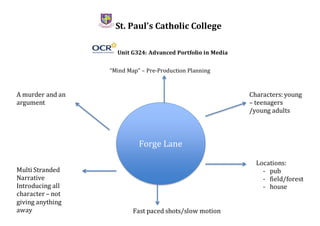 St. Paul’s Catholic College
Unit G324: Advanced Portfolio in Media
“Mind Map” – Pre-Production Planning
Forge Lane
Characters: young
– teenagers
/young adults
Locations:
- pub
- field/forest
- house
A murder and an
argument
Multi Stranded
Narrative
Introducing all
character – not
giving anything
away Fast paced shots/slow motion
 