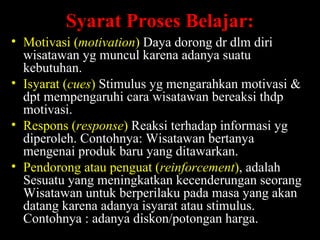 Syarat Proses Belajar:
• Motivasi (motivation) Daya dorong dr dlm diri
wisatawan yg muncul karena adanya suatu
kebutuhan.
• Isyarat (cues) Stimulus yg mengarahkan motivasi &
dpt mempengaruhi cara wisatawan bereaksi thdp
motivasi.
• Respons (response) Reaksi terhadap informasi yg
diperoleh. Contohnya: Wisatawan bertanya
mengenai produk baru yang ditawarkan.
• Pendorong atau penguat (reinforcement), adalah
Sesuatu yang meningkatkan kecenderungan seorang
Wisatawan untuk berperilaku pada masa yang akan
datang karena adanya isyarat atau stimulus.
Contohnya : adanya diskon/potongan harga.
 