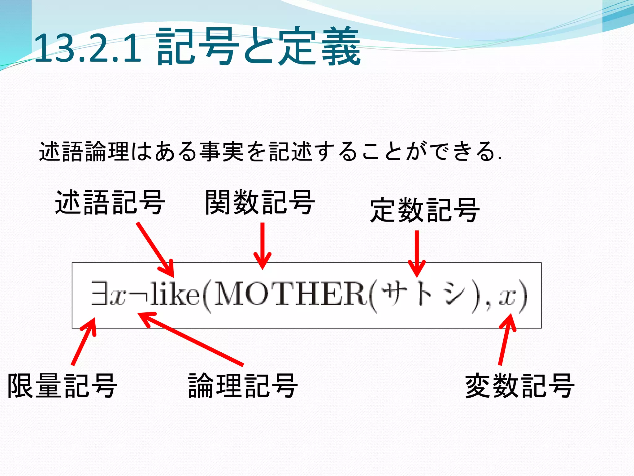 13.2.1 記号と定義
述語論理はある事実を記述することができる．
定数記号関数記号述語記号
論理記号限量記号 変数記号
 