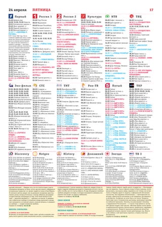 24 апреля ПЯТНИЦА
Первый
Эхо-фильм СТС ТНТ Рен-ТВ Пятый ТКР
Россия 1 Россия 2 Культура НТВ ТВЦ
17
Natgeo History Домашний Звезда ТВ 3Discovery
06.00 Мультфильмы СМФ
09.30, 10.30 Т/с «ТРИНАДЦАТЬ»
11.30 Загадки истории 12+
12.30, 03.45 Д/с «Городские
легенды»
13.30 Х-версии. Другие новости 12+
14.00, 14.30 Д/с «Охотники за
привидениями»
15.00 Мистические истории 16+
16.00, 16.30 Т/с «ГАДАЛКА»
17.00, 17.30 Т/с «СЛЕПАЯ»
18.00 Т/с «ГРОМКИЕ ДЕЛА»
19.00 Человек-невидимка 12+
20.00 Х/ф «ДЕВЯТЫЕ ВРАТА»
22.45 Х/ф «КРОВЬ НЕВИННЫХ»
01.00 Европейский покерный тур 18+
06.00 Д/с «Победоносцы»
06.25, 09.15 Т/с «ПОД ЛИВНЕМ
ПУЛЬ»
09.00, 13.00, 18.00, 23.00 Новости
дня
11.15, 13.15 Х/ф «СУВЕНИР ДЛЯ
ПРОКУРОРА»
13.25 Х/ф «ОТРЯД»
15.25 Д/ф «Война на холодных
островах. Остров Гогланд»
17.10 Военная приемка 6+
18.30 Х/ф «ПУТЬ В «САТУРН»
20.05 Х/ф «КОНЕЦ «САТУРНА»
22.00, 23.20 Х/ф «БОЙ ПОСЛЕ
ПОБЕДЫ...»
01.35 Х/ф «ГЕНЕРАЛ»
06.30, 06.00 Джейми: обед за 15
минут 16+
07.30 Секреты и советы 16+
08.00, 18.55, 05.55 6 кадров 16+
08.10, 22.40 Д/с «Звёздная жизнь»
10.05 Т/с «ПОДАРИ МНЕ ЖИЗНЬ»
18.00 Т/с «ОНА НАПИСАЛА УБИЙ-
СТВО»
19.00 Т/с «БЕЛАЯ ВОРОНА»
23.40 Одна за всех 16+
00.30 Х/ф «ЧЁРНОЕ ПЛАТЬЕ»
02.25 Д/с «Счастье без жертв»
05.25 Домашняя кухня 16+
07.00 Полет над Кремлем 12+
08.00 Мифы и правда о Карле
Великом 16+
09.00, 16.20, 01.35 Тайная война 12+
09.55 Ферма в годы войны 12+
11.00 Погода, изменившая ход
истории 16+
11.30 Расцвет и упадок Версаля 12+
12.25 Великое железнодорожное
путешествие по Европе 12+
13.25, 17.15 Музейные тайны 12+ 12+
14.20, 22.00 Скрытые угрозы вик-
торианской эпохи 16+
15.15, 02.25 Средневековая мо-
нархия 12+
18.10 Затерянный мир 12+
06.00 Мегазаводы
06.45, 13.15, 13.35, 18.40, 19.05
Научные глупости 18+
07.10, 07.30 Сделай или умри 18+
07.55 Шоссе через ад 16+
08.40 Дикий тунец 16+
09.25, 14.00, 19.30, 16.20 Экстре-
мальное путешествие: Аляска 16+
10.10, 14.45, 20.15 Сила племени 16+
10.55 Авто - SOS 12+
11.40, 05.15 Шоссе через ад 12+
12.30 Мегазаводы 12+
15.35 Загадки королевской кобры
17.10, 00.00 Суперсооружения
17.55 Апокалипсис: Вторая миро-
вая война 18+
08.55, 13.55, 19.20 Как это сделано?
08.30, 13.30, 19.45 Как это устроено?
06.50, 07.15, 09.20, 09.45 Эффект
Карбонаро 12+
07.40, 11.50 Дорога к прибыли 12+
10.10, 10.35, 16.00, 16.25 Отпетые
риелторы 12+
11.00, 22.40, 04.24 Аквариумный
бизнес 12+
12.40, 03.36 Разрушители легенд 12+
14.20, 14.45, 02.00, 02.24 Легендар-
ный автомобиль 12+
15.10, 15.35, 02.48, 03.12 Махинаторы
16.50 Реальные дальнобойщики 12+
17.40 Игра камней
18.30 Золотая лихорадка 16+
07.00, 08.00, 09.00, 10.00,
11.00, 12.00, 13.00, 14.00,
15.00, 16.00, 17.00, 18.00,
21.00, 22.00, 00.00, 03.00,
04.00 «Главные новости» 12+
07.20 М/ф «Золотая антилопа»
08.30, 10.30 «Доброе утро!»
09.40 М/ф «Мишка-мохнатик:
двор»
09.50 М/ф «Мелодии матушки
гусыни»
11.20, 15.40, 16.40, 17.40,
20.40, 21.40, 22.05, 03.20,
04.30 «Юмористическая про-
грамма.» 12+
12.35 Д/ф «Горненский мона-
стырь». Часть 1.»
13.35 Д/ф «Горненский мона-
стырь». Часть 2.»
14.40, 18.35 «Беседа в сту-
дии» 12+
19.00 Х/ф «ПАРТИЯ В
БРИДЖ»
22.25 Х/ф «ЖУЛИКИ»
00.40 Х/ф «ПОВЕСТЬ О ЛЕС-
НОМ ВЕЛИКАНЕ»
02.40 Д/ф «От сердца к
сердцу»
05.00 М/ф «Золушка»
06.15 М/Ф «Царевна лягушка»
08.00 6 кадров 16+
09.00 М/с «Смешарики»
09.10 М/с «Пингвинёнок
пороро»
09.30 М/с «Клуб винкс» -
Школа волшебниц»
10.00 Животный смех
10.30 М/с «Аладдин»
11.00 М/с «Аладдин»
11.30 Т/с «Маргоша»
12.30 Т/с «Миллионы в сети»
13.00 Х/ф «Миссия невыпол-
нима-4»
15.30 Ералаш 12+
16.00 Ералаш 12+
17.00 Т/с «Корабль»
18.00 Нереальная история 16+
19.00 Галилео 16+
20.00 Т/с «Миллионы в сети»
20.30 Т/с «Миллионы в сети»
21.00 Шоу «Уральских пельме-
ней»
22.30 Шоу «Уральских пель-
меней»
23.55 Шоу «Уральских пель-
меней»
01.15 Х/ф «Прекрасные соз-
дания»
06.00 Мультфильмы СМФ
09.30 Т/с «ТРИНАДЦАТЬ»
10.30 Т/с «ТРИНАДЦАТЬ»
11.30 Загадки истории 12+
12.30 Д/с «Городские леген-
ды»
13.30 Х-версии. Другие ново-
сти 12+
14.00 Д/с «Охотники за при-
видениями»
14.30 Д/с «Охотники за приви-
дениями»
15.00 Мистические истории 16+
16.00 Т/с «ГАДАЛКА»
16.30 Т/с «ГАДАЛКА»
17.00 Т/с «СЛЕПАЯ»
17.30 Т/с «СЛЕПАЯ»
18.00 Т/с «ГРОМКИЕ ДЕЛА»
19.00 Человек-невидимка 12+
20.00 Х/ф «ДЕВЯТЫЕ ВРАТА»
22.45 Х/ф «КРОВЬ НЕВИН-
НЫХ»
01.00 Европейский покерный
тур 18+
02.00 Х/ф «ЗЕМЛЯ ПРОТИВ
ПАУКА»
03.45 Д/с «Городские леген-
ды»
04.15 Т/с «ГАВАЙИ 5-0»
05.10 Т/с «ГАВАЙИ 5-0»
05.00 Не ври мне! 16+
06.00 Верное средство 16+
07.00 Следаки 16+
07.30 Званый ужин 16+
08.30 Новости 16+
09.00 Т/ф «Великие тайны
космоса»
12.00 112 16+
12.30 Новости 16+
13.00 Званый ужин 16+
14.00 Титаник. Репортаж с
того света 16+
16.00 Титаник. Секрет вечной
жизни 16+
19.00 112 16+
19.30 Новости 16+
20.00 Территория заблужде-
ний 16+
22.00 Смотреть всем! 16+
23.00 Х/ф «ЧЕТЫРЕ КОМНА-
ТЫ»
00.50 Москва. День и ночь 16+
01.50 Х/ф «ЛЕКАРЬ»
06.00 Сейчас
06.10 Момент истины 16+
07.00 Утро на «5»
09.30 Место происшествия 16+
10.00 Сейчас
10.30 Х/ф «ЩИТ И МЕЧ»
12.00 Сейчас
12.30 Х/ф «ЩИТ И МЕЧ»
12.50 Х/ф «ЩИТ И МЕЧ»
15.00 Х/ф «ЩИТ И МЕЧ»
15.30 Сейчас
16.00 Х/ф «ЩИТ И МЕЧ»
17.00 Х/ф «ЩИТ И МЕЧ»
18.30 Сейчас
19.00 Т/с «СЛЕД. СЕМЕЙНЫЙ
СПЕКТАКЛЬ»
19.45 Т/с «СЛЕД. КРОТ»
20.30 Т/с «СЛЕД. МОШЕН-
НИКИ»
21.15 Т/с «СЛЕД. ЗВОНОК С
ТОГО СВЕТА»
22.00 Т/с «СЛЕД. ГРЕХ»
22.40 Т/с «СЛЕД. БЕЗУМИЕ»
23.25 Т/с «СЛЕД. ЛЮБОВЬ
ЗЛА»
00.15 Т/с «СЛЕД. СМЕРТЬ В
ПОДАРОК»
01.00 Т/с «СЛЕД. ВЫСОКИЕ
ОТНОШЕНИЯ»
01.40 Т/с «ДЕТЕКТИВЫ»
02.20 Т/с «ДЕТЕКТИВЫ»
05.00, 08.00 «Всё сначала» 16+
06.00, 07.50, 09.00, 10.00,
14.50 Лента новостей 16+
06.10 «Проездом» 16+
06.40 «Король пустыни» 16+
07.00 «Детское время»
07.25 «Хочу верить!» 16+
09.10 «Решето-сити» 16+
09.20 Т/с «КРАСНАЯ ВДОВА»
10.10 Т/с «КРАСНАЯ ВДОВА»
10.55 «Спецотряд «Шторм» 16+
11.45 Х/ф «ТЕНИ ИСЧЕЗАЮТ В
ПОЛДЕНЬ»
12.50 «Огни большого города»
13.10 «Олег Янковский. Я на
свою беду бессмертен» 16+
14.00 «Про образ» 16+
14.25 «Хочу верить!» 16+
15.00 «Детское время»
15.25 «Страсти по Арктике.
Фильм 3. Тайна трех капитанов»
16.15 Т/с «ПОЦЕЛУЙ!»
17.00 Лента новостей 16+
17.10 «Разные люди» 16+
17.40 «Звездная мастерская»
18.00 Лента новостей 16+
18.10 «Поединки» 16+
19.00 «История российского
юмора» 16+
19.50 Лента новостей 16+
20.00 «С песней по жизни»
05.00 Доброе утро
09.00, 12.00, 15.00 Новости
09.15 Контрольная закупка 12+
09.45 Жить здорово! 12+
10.55 Модный приговор 12+
12.10 Женский журнал 12+
12.20 Т/с «ОДНАЖДЫ В
РОСТОВЕ»
СССР, 2 июня 1962 года. После
снижения заработной платы и повы-
шения цен жители Новочеркасска
вышли на мирную демонстрацию.
Но страсти быстро накалились и
привели к трагедии — расстрелу
митингующих рабочих, несмотря на
протесты генерала Шапошникова.
Властям удается замять трагедию,
у свидетелей берут подписку о
неразглашении, а все несогласные
получают тюремные сроки.
14.15 Время покажет 16+
15.15 Время покажет 16+
16.00 Мужское / Женское 16+
17.00 Жди меня 12+
18.00 Вечерние новости
18.45 Человек и закон 16+
19.50 Поле чудес 12+
21.00 Время
21.30 Голос. Дети 12+
23.40 Вечерний Ургант 16+
00.45 Городские пижоны 16+
03.05 Х/ф «ГОРЯЧИЕ ГОЛО-
ВЫ»
05.00 Утро России
08.55 Мусульмане
09.10 Вильям Похлебкин.
Рецепты нашей жизни 12+
10.05 О самом главном 12+
11.00, 14.00, 17.00, 17.30,
20.00 Вести
11.35, 14.30, 17.10, 19.35
Вести-Москва
11.55 Т/с «ТАЙНЫ СЛЕД-
СТВИЯ»
12.55 Особый случай 12+
14.50 Вести. Дежурная часть
15.00 Т/с «ПОСЛЕДНИЙ
ЯНЫЧАР»
16.00 Т/с «ЧУЖАЯ ЖИЗНЬ»
18.15 Прямой эфир 12+
21.00 Юморина 12+
22.55 Х/ф «УЛЫБНИСЬ, КОГ-
ДА ПЛАЧУТ ЗВЕЗДЫ»
00.50 Х/ф «ДОПУСТИМЫЕ
ЖЕРТВЫ»
02.50 Горячая десятка 12+
03.50 Комната смеха 16+
06.30 Панорама дня. LIVE
08.25 Х/ф «ПОЗЫВНОЙ
«СТАЯ». ОХОТА НА МИЛЛИ-
АРД»
10.10 Эволюция 12+ 16+
11.45 Большой футбол 12+
12.05 Х/ф «КРАСНАЯ КАПЕЛ-
ЛА»
15.35 Х/ф «ВРЕМЕНЩИК.
СПАСТИ ЧАПАЯ!»
17.20 Х/ф «ВРЕМЕНЩИК.
ЯНТАРНАЯ КОМНАТА»
19.00 Большой спорт 12+
19.25 Хоккей. Евротур. Россия
- Швеция. Прямая трансляция
21.45 Большой спорт 12+
22.05 Восход Победы 12+
23.00 Х/ф «ПОЗЫВНОЙ
«СТАЯ». ОХОТА НА МИЛЛИ-
АРД»
00.50 Эволюция 12+
02.25 Русский след 16+
02.55 Русский след 16+
03.20 Неспокойной ночи 16+
03.50 Смешанные единобор-
ства 16+
06.30 Евроньюс 12+
10.00, 15.00, 19.00, 23.00
Новости культуры
10.20 Х/ф «ВОЛОЧАЕВСКИЕ
ДНИ»
12.25 Д/ф «Образы воды»
12.40 Письма из провинции 12+
13.10 Т/с «НЕФРОНТОВЫЕ
ЗАМЕТКИ»
13.40 Х/ф «ЛЕТЧИКИ»
15.10 Мальчики державы 12+
15.40 Черные дыры 12+
16.20 Д/ф «Укрощение коня.
Петр Клодт»
17.05 Т/с «ИСТОРИЯ КИНОНА-
ЧАЛЬНИКОВ, ИЛИ СТРОИТЕ-
ЛИ И ПЕРЕСТРОЙЩИКИ»
17.45 Фортепианные сочине-
ния 12+
19.20 Х/ф «НАЧАЛЬНИК
ЧУКОТКИ»
20.50 Д/ф «Моя великая вой-
на. Николай Попович»
21.30 Написано войной 12+
21.35 Иван Козловский, Сер-
гей Лемешев 12+
22.05 Линия жизни 12+
23.20 Спектакль «Мамапапа-
сынсобака»
00.55 Квартет Ли Ритнау-
ра-Дэйва Грузина на фестива-
ле мирового джаза в Риге 16+
06.00 Кофе с молоком 12+
09.00 Дело врачей 16+
10.00 Сегодня
10.20 Т/с «ВОЗВРАЩЕНИЕ
МУХТАРА. НОВЫЕ СЕРИИ»
12.00 Суд присяжных 16+
13.00 Сегодня
13.20 Суд присяжных. Оконча-
тельный вердикт 16+
14.30 Чрезвычайное происше-
ствие 16+
15.00 Всё будет хорошо! 16+
16.00 Сегодня
16.20 Т/с «УЛИЦЫ РАЗБИТЫХ
ФОНАРЕЙ»
18.00 Говорим и показываем
19.00 Сегодня
19.40 Х/ф «ЧУЖОЕ»
23.10 Д/ф «Геноцид. Начало»
00.20 Х/ф «ЧЕСТЬ»
02.15 Дикий мир
02.50 Т/с «НАРУЖНОЕ НА-
БЛЮДЕНИЕ»
04.40 Т/с «МОСКВА. ТРИ
ВОКЗАЛА»
06.00 Настроение
08.10 Х/ф «ГОСУДАРСТВЕН-
НАЯ ГРАНИЦА»
11.30, 17.30, 22.00, 14.30
События
11.50 Х/ф «ГОСУДАРСТВЕН-
НАЯ ГРАНИЦА»
13.55 Обложка. Советский
фотошоп 16+
14.50 Город новостей
15.10 Советские мафии. Банда
Монгола 16+
16.00 Т/с «ИНСПЕКТОР
ЛЬЮИС»
17.50 Т/с «ИНСПЕКТОР ЛЬЮ-
ИС»
18.20 Право голоса 16+
19.30 Город новостей
19.50 Х/ф «ЧЕЛОВЕК - АМФИ-
БИЯ»
21.45 Петровка, 38
22.20 Яна Поплавская в
программе «Жена. История
любви» 16+
23.50 Х/ф «ТОТ, КТО РЯДОМ»
01.45 Х/ф «МАЛЕНЬКИЙ
КУПАЛЬЩИК»
03.30 Тайны нашего кино 12+
04.00 Мой герой 12+
04.50 Простые сложности 12+
цузский, японский … Наверно, есть что-то в этой истории о шести
незамужних женщинах (у Нины, кстати, русские корни), собравшихся
на маленькое торжество, что трогает людей не только в Нью-Йорке».
В спектакле зритель увидит, как на домашних посиделках красотки,
ловкие, умные, иногда утонченные, а иногда забавные, рассуждают
на единственную, волнующую их тему. Этой темой являются они
сами — реальные женщины, и … мужчины в их жизни. А завоеван-
ная и обретенная свобода в отношениях между мужчиной и женщи-
ной, оказывается, не помогает решать сложные вопросы, а совершен-
но наоборот — создает множество проблем.
Справки по телефону: 45–15–58
ШКОЛА СОБЛАЗНА
19 АПРЕЛЯ, 18.00 ТЕАТР ДРАМЫ
Встречаясь по воскресеньям в парке, гуляя с детьми и внуками, жен-
щины охотно делятся своим жизненным опытом, и положительным,
и отрицательным. С учетом прожитых в браке лет, каждая готова по-
ведать подругам проверенные рецепты сохранения личного счастья,
либо способы, как это счастье обрести. В ходе обсуждения семейных
проблем рождается история, в которую оказываются замешаны все
героини этих встреч, их мужья и любовники.
Справки по телефону: 45–15–58
СВОЯ ЗЕМЛЯ
ПРЕМЬЕРА! 18 АПРЕЛЯ. 18.00 ТЕАТР НА СОБОРНОЙ
ИРОНИЧЕСКИЙ ДЕТЕКТИВ
Справки по телефону: 27–52–38, 25–95–60
ВЕСЕЛАЯ ВДОВА
17 АПРЕЛЯ, 19.00 И 19 АПРЕЛЯ, 19.00 МУЗЫКАЛЬНЫЙ ТЕАТР
Сюжет оперетты завязан на политике и любви. От исхода отношений
главных героев зависит судьба целого государства — Монтевердо,
где они родились. Ганна и Данило когда-то были знакомы, потом
разлучились, она вышла замуж, овдовела и вот теперь они встре-
тились в Париже, вдали от родины, в официальной обстановке
посольства. Она окружена поклонниками — претендентами на
её руку, а фактически охотниками за её приданым, доставшимся
в наследство. Но Данило не хочет быть в их числе. Напрасно
Ганна ищет пути к откровенному разговору, провоцируя партнёра
на любовное признание. Наконец, она разыгрывает помолвку
с парижанином Россильоном — и только тогда ревность застав-
ляет Данило выдать своё чувство. «Веселая вдова» полна яркой
и выразительной музыки в ритме вальса, грациозного, чарующего
и увлекательного. Оперетта пронизана виртуозной лёгкостью
комедийной интриги, яркими типами действующих лиц. Вместе
с тем любовь в ней трактована серьёзно, а лирика поистине
безгранична.
Справки по телефону: 45–81–13
 