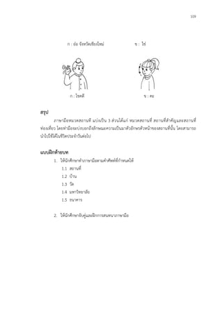 109
ก : อ๋อ จังหวัดเชียงใหม่ ข : ใช่
ก : โชคดี ข : คะ
สรุป
ภาษามือหมวดสถานที แบ่งเป็น 3 ส่วนได้แก่ หมวดสถานที่ สถานที่สาคัญและสถานที่
ท่องเที่ยว โดยท่ามือจะบ่งบอกถึงลักษณะความเป็นมาตัวอักษรตัวหน้าของสถานที่นั้น โดยสามารถ
นาไปใช้ได้ในชีวิตประจาวันต่อไป
แบบฝึกท้ายบท
1. ให้นักศึกษาทาภาษามือตามคาศัพท์ที่กาหนดให้
1.1 สถานที่
1.2 บ้าน
1.3 วัด
1.4 มหาวิทยาลัย
1.5 ธนาคาร
2. ให้นักศึกษาจับคู่และฝึกการสนทนาภาษามือ
 