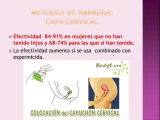  Efectividad 84-91% en mujeres que no han
tenido hijos y 68-74% para las que si han tenido.
 La efectividad aumenta si se usa combinado con
espermicida.
 