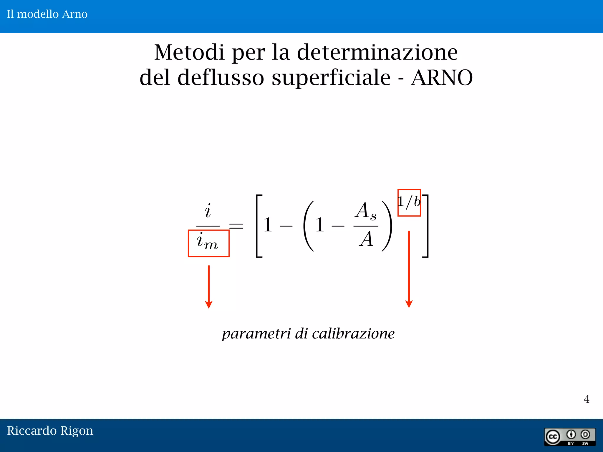 4
Metodi per la determinazione
del deflusso superficiale - ARNO
parametri di calibrazione
i
im
=
"
1
✓
1
As
A
◆1/b
#
Riccardo Rigon
Il modello Arno