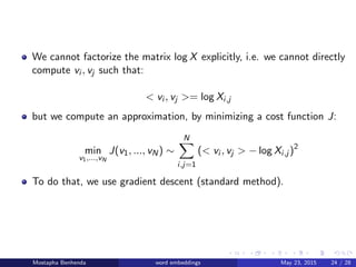 We cannot factorize the matrix log X explicitly, i.e. we cannot directly
compute vi , vj such that:
< vi , vj >= log Xi,j
...