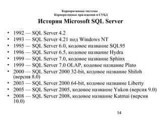 14
История Microsoft SQL Server
• 1992 — SQL Server 4.2
• 1993 — SQL Server 4.21 под Windows NT
• 1995 — SQL Server 6.0, кодовое название SQL95
• 1996 — SQL Server 6.5, кодовое название Hydra
• 1999 — SQL Server 7.0, кодовое название Sphinx
• 1999 — SQL Server 7.0 OLAP, кодовое название Plato
• 2000 — SQL Server 2000 32-bit, кодовое название Shiloh
(версия 8.0)
• 2003 — SQL Server 2000 64-bit, кодовое название Liberty
• 2005 — SQL Server 2005, кодовое название Yukon (версия 9.0)
• 2008 — SQL Server 2008, кодовое название Katmai (версия
10.0)
Корпоративные системы
Корпоративные приложения и СУБД
 