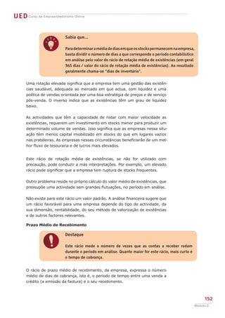 UEDCurso de Empreendedorismo Online
152
Módulo C
q
Sabia que...
Paradeterminaramédiadediasemqueosstockspermanecemnaempresa,
basta dividir o número de dias a que corresponde o período contabilístico
em análise pelo valor do rácio de rotação média de existências (em geral
365 dias / valor do rácio de rotação média de existências). Ao resultado
geralmente chama-se “dias de inventário”.
Uma rotação elevada significa que a empresa tem uma gestão das existên-
cias saudável, adequada ao mercado em que actua, com liquidez e uma
política de vendas orientada por uma boa estratégia de preços e de serviço
pós-venda. O inverso indica que as existências têm um grau de liquidez
baixo.
As actividades que têm a capacidade de rodar com maior velocidade as
existências, requerem um investimento em stocks menor para produzir um
determinado volume de vendas. Isso significa que as empresas nessa situ-
ação têm menos capital imobilizado em stocks do que em lugares vazios
nas prateleiras. As empresas nessas circunstâncias beneficiarão de um mel-
hor fluxo de tesouraria e de lucros mais elevados.
Este rácio de rotação média de existências, se não for utilizado com
precaução, pode conduzir a más interpretações. Por exemplo, um elevado
rácio pode significar que a empresa tem ruptura de stocks frequentes.
Outro problema reside no próprio cálculo do valor médio de existências, que
pressupõe uma actividade sem grandes flutuações, no período em análise.
Não existe para este rácio um valor padrão. A análise financeira sugere que
um rácio favorável para uma empresa depende do tipo de actividade, da
sua dimensão, rentabilidade, do seu método de valorização de existências
e de outros factores relevantes.
Prazo Médio de Recebimento
O rácio de prazo médio de recebimento, da empresa, expressa o número
médio de dias de cobrança, isto é, o período de tempo entre uma venda a
crédito (a emissão da factura) e o seu recebimento.
!
Destaque
Este rácio mede o número de vezes que as contas a receber rodam
durante o período em análise. Quanto maior for este rácio, mais curto é
o tempo de cobrança.
 