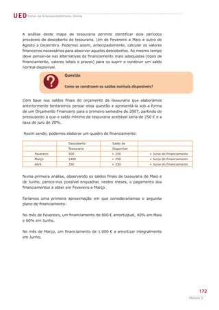 UEDCurso de Empreendedorismo Online
172
Módulo C
A análise deste mapa de tesouraria permite identificar dois períodos
prováveis de descoberto de tesouraria. Um de Fevereiro a Maio e outro de
Agosto a Dezembro. Podemos assim, antecipadamente, calcular os valores
financeiros necessários para absorver aqueles descobertos. Ao mesmo tempo
deve pensar-se nas alternativas de financiamento mais adequadas (tipos de
financiamento, valores totais e prazos) para os suprir e construir um saldo
normal disponível.
Com base nos saldos finais do orçamento de tesouraria que elaborámos
anteriormente tentaremos pensar essa questão e apresentá-la sob a forma
de um Orçamento Financeiro para o primeiro semestre de 2007, partindo do
pressuposto a que o saldo mínimo de tesouraria aceitável seria de 250 € e a
taxa de juro de 20%.
Assim sendo, podemos elaborar um quadro de financiamento:
Descoberto Saldo de
Tesouraria Disponível
Fevereiro 500 + 250 + Juros do Financiamento
Março 1400 + 250 + Juros do Financiamento
Abril 350 + 250 + Juros do Financiamento
Numa primeira análise, observando os saldos finais de tesouraria de Maio e
de Junho, parece-nos possível enquadrar, nestes meses, o pagamento dos
financiamentos a obter em Fevereiro e Março.
Faríamos uma primeira aproximação em que consideraríamos o seguinte
plano de financiamento:
No mês de Fevereiro, um financiamento de 800 € amortizável, 40% em Maio
e 60% em Junho.
No mês de Março, um financiamento de 1.000 € a amortizar integralmente
em Junho.
?
Questão
Como se constroem os saldos normais disponíveis?
 