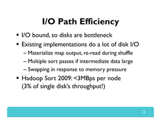 I/O Path Efficiency
  I/O bound, so disks are bottleneck
  Existing implementations do a lot of disk I/O
– Materialize map output, re-read during shuffle
– Multiple sort passes if intermediate data large
– Swapping in response to memory pressure
  Hadoop Sort 2009: <3MBps per node
(3% of single disk’s throughput!)
3
 