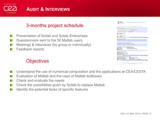 AUDIT & INTERVIEWS
3-months project schedule
!   Presentation of Scilab and Scilab Enterprises
!   Questionnaire sent to t...