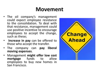 Movement
• The oil company’s management
could expect employee resistance
to the consolidation. To deal with
that resistance, management could
use positive incentive to encourage
employees to accept the change,
such as these;
• Increase in pay can be offered to
those who accept the transfer.
• The company can pay liberal
moving expenses.
• Management might offer low cost
mortgage funds to allow
employees to buy new homes in
San Francisco.
 