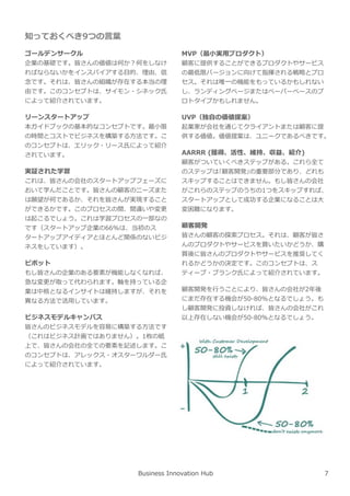 知っておくべき9つの⾔葉
ゴールデンサークル
企業の基礎です。皆さんの価値は何か︖何をしなけ
ればならないかをインスパイアする目的、理由、信
念です。それは、皆さんの組織が存在する本当の理
由です。このコンセプトは、サイモン・シネック氏
によって紹介されています。
リーンスタートアップ
本ガイドブックの基本的なコンセプトです。最小限
の時間とコストでビジネスを構築する方法です。こ
のコンセプトは、エリック・リース氏によって紹介
されています。
実証された学習
これは、皆さんの会社のスタートアップフェーズに
おいて学んだことです。皆さんの顧客のニーズまた
は願望が何であるか、それを皆さんが実現すること
ができるかです。このプロセスの間、間違いや変更
は起こるでしょう。これは学習プロセスの一部なの
です（スタートアップ企業の66%は、当初のス
タートアップアイディアとほとんど関係のないビジ
ネスをしています）。
ピボット
もし皆さんの企業のある要素が機能しなくなれば、
急な変更が取って代わられます。軸を持っている企
業は中核となるインサイトは維持しますが、それを
異なる方法で活用しています。
ビジネスモデルキャンバス
皆さんのビジネスモデルを容易に構築する方法です
（これはビジネス計画ではありません）。1枚の紙
上で、皆さんの会社の全ての要素を記述します。こ
のコンセプトは、アレックス・オスターワルダー氏
によって紹介されています。
Business Innovation Hub
MVP（最小実用プロダクト）
顧客に提供することができるプロダクトやサービス
の最低限バージョンに向けて指揮される戦略とプロ
セス。それは唯一の機能をもっているかもしれない
し、ランディングページまたはペーパーベースのプ
ロトタイプかもしれません。
UVP（独自の価値提案）
起業家が会社を通じてクライアントまたは顧客に提
供する価値。価値提案は、ユニークであるべきです。
AARRR (獲得、活性、維持、収益、紹介)
顧客がついていくべきステップがある。これら全て
のステップは｢顧客開発｣の重要部分であり、どれも
スキップすることはできません。もし皆さんの会社
がこれらのステップのうちの1つをスキップすれば、
スタートアップとして成功する企業になることは⼤
変困難になります。
顧客開発
皆さんの顧客の探索プロセス。それは、顧客が皆さ
んのプロダクトやサービスを買いたいかどうか、購
買後に皆さんのプロダクトやサービスを推奨してく
れるかどうかの決定です。このコンセプトは、ス
ティーブ・ブランク氏によって紹介されています。
顧客開発を⾏うことにより、皆さんの会社が2年後
にまだ存在する機会が50-80%となるでしょう。も
し顧客開発に投資しなければ、皆さんの会社がこれ
以上存在しない機会が50-80%となるでしょう。
7
 