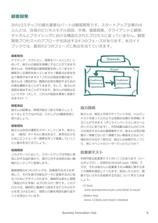 顧客開発
次の12ステップの最も重要なパートは顧客開発です。スタートアップ企業のほ
とんどは、自⾝のビジネスモデル仮説、市場、価値提案、クライアントと顧客、
チャネルとプライシングにおける構造化されたプロセスに従っていません。顧客
開発プロセスへのアプローチを詳述する4つのフェーズがあります。本ガイド
ブックでは、最初の2つのフェーズに焦点を当てていきます。
顧客発⾒
アイディア、アクション、探索をベースとした）に
おいて、皆さんの仮説を明確にすることができます。
皆さんは、将来有望な価値提案を持っていますか︖
顧客がいる場所を知っていますか︖顧客はお⾦を支
払う意思がありますか︖これらの仮説定義の後で、
皆さんは（潜在的な）顧客の応答を確認するための
計画を構築することができます。そして、皆さんの
仮説を実証することができます。皆さんの仮説は正
しいですか（そして、これらの仮説を事実に変換で
きますか）︖
顧客実証
皆さんの結果は、再現可能かつ拡⼤可能でしょう
か︖もしそうでなければ、ステップ1の顧客発⾒に
戻りましょう。
顧客開拓
皆さんは自社の運営をスタートしています。皆さん
は、（販売）チャネルに焦点を当て、販売を広げる
ためにエンドユーザー需要を作って推進していくこ
とに焦点を当てるでしょう。
組織構築
このステージにおいて、スタートアップは学習と発
⾒に対する設計者から、実⾏に対する効率の良い機
械のエンジニアに変⾝します。
顧客開発の4つのステップは、起業家がカオスを利
用して、それを実⾏可能なデータに変換するのに役
⽴つためにデザインされます。継続的な変化と調整
（実証された学習）はプロセスの一部です。このプ
ロセスは、最終的に最適かつ成功するビジネスモデ
ルを⾒つけるために、探索と⾏動を何回も繰り返す
ことを⾒込んでいます。
Business Innovation Hub
協⼒関係
皆さんは、他社と共同でやっていく方法、ベルビン
テストを使ってどのような役割が必要かを明確にす
ることができます（オンラインバージョンはツール
ボックスにあります）。共同活動は皆さんのビジネ
スが成功するための基礎要件です。皆さんは何が得
意か／得意でないか︖得意でない側⾯をどのように
埋め合わせるか︖例えば、皆さんの役割がモノづく
り、常にイベントのリーダーだったらどうか︖
起業家テスト
利用可能な起業家テストがいくつかあります（ツー
ルボックス）。包括的なものはE-scan（有料）で
すが、それは皆さんに起業家スキル構築に関する多
くの情報を提供してくれます。前述したとおり、得
意でないスキルを統制する方法について考えてみま
しょう。
• E-Scan
www.entrepreneurscan.com/what-is-escan
• Belbin-test
www.123test.com/team-rolestest
8
 