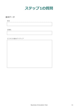 Business Innovation Hub
基本データ
氏名
企業名
ビジネスの基本アイディア
ステップ1の質問
11
 
