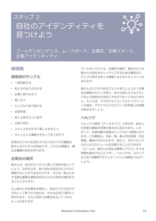 Business Innovation Hub
ステップ 2
自社のアイデンティティを
⾒つけよう
ゴールデンセンテンス、ムードボード、企業名、企業イメージ、
企業アイデンティティ
価値観
価値感のサンプル
• 一致団結する
• 私たちの全ての与える
• 仕事に誇りをもつ
• 楽しもう
• シンプルであり続ける
• ⽣涯学習
• 友人と話すように話す
• 正直であれ
• ストレスを与えずに優しさをもとう
• ちょっとした謙虚さをもって全てを⾏う
自⾝のビジネスを決定づけるこのタイプの価値は、
皆さんのビジネスのDNAです。これらの価値は、異
なる種類の会社を作ります。
企業名の選択
皆さんは、自分のビジネスに適した名称が欲しいで
しょう。なぜならば、良い会社は自社のビジネスに
貢献することができるからです。それは、皆さんが
する最も重要な意思決定のビジネス名称の選択をす
ることになります。
もし皆さんが企業名を選択し、自社ビジネスを示す
ものとして使うのであれば、それは正式に｢取引｣と
呼ばれます。それに⾒合う必要があるいくつかの
ルールがあります。
ツールボックスには、企業名の選択、登記のような
皆さんの会社をセットアップするための最初のス
テップに関する多くの情報に対するドキュメントが
あります。
皆さんのビジネス名はブランド名でしょうか︖企業
名は登録されている同じ、または似たようなブラン
ド名との混乱を引き起こすものであってはなりませ
ん。たとえば、マクロナルドというスナックバーに
した場合、マクドナルドのブランド所有者との問題
が起きるでしょう。
ペルソナ
ペルソナは原形（アーキタイプ）と呼ばれ、皆さん
の将来の顧客の印象を得るのに役⽴ちます。した
がって、企業活動の実践はシンプルかつ容易になり
ます。この顧客は、名前、顔、個人的な特徴、社会
環境、趣味が与えられます。加えて、そのペルソナ
の日々のスケジュールを定義することができます
（ゴールは、皆さんの⾒込み顧客にアプローチする
時間を推定することです）。ペルソナは、ステップ
6における顧客セグメンテーションの基礎となるで
しょう。
14
 