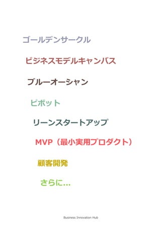 Business Innovation Hub
ゴールデンサークル
ビジネスモデルキャンバス
ブルーオーシャン
ピボット
リーンスタートアップ
MVP（最小実用プロダクト）
顧客開発
さらに...
 
