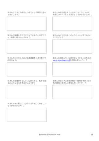 Business Innovation Hub
皆さんにとっての成功とは何ですか︖簡潔に述べ
てみましょう。
皆さんの会社がしようとしていることについて、
両親にツイートしてみましょう（140⽂字以内）。
皆さんが最善を尽くすことができることは何です
か︖簡潔に述べてみましょう。
皆さんのビジネスをどのように人々に⾒てもらい
たいですか︖
皆さんのビジネスにおける価値観を4~5つ挙げて
みましょう。
皆さんのBSRカラーは何ですか（テストのために
www.smartagent.nlを参照しましょう）︖
皆さんの会社が存在していなかったら、私たちは
どのようなミスをするでしょうか︖
皆さんのビジネスのBSRカラーは何ですか（どの
色の顧客に皆さんは奉仕したいですか）︖
皆さん自⾝の何かについてツイートしてみましょ
う（140⽂字以内）。
18
 