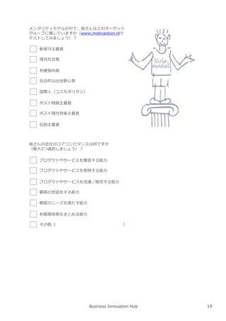 Business Innovation Hub
メンタリティモデルの中で、皆さんはどのターゲット
グループに属していますか（www.motivaction.nlで
テストしてみましょう）︖
新保守主義者
現代社会者
利便指向者
社会的な出世野心家
国際人（コスモポリタン）
ポスト物質主義者
ポスト現代快楽主義者
皆さんの会社のコアコンピタンスは何ですか
（最⼤3つ選択しましょう）︖
プロダクトやサービスを製造する能⼒
プロダクトやサービスを発明する能⼒
プロダクトやサービスを流通／販売する能⼒
顧客の世話をする能⼒
顧客のニーズを満たす能⼒
利害関係者をまとめる能⼒
その他（ ）
伝統主義者
19
 