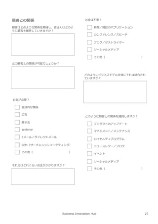 Business Innovation Hub
顧客はどのような関係を期待し、皆さんはどのよ
うに顧客を維持していきますか︖
どの顧客との関係が可能でしょうか︖
顧客との関係
お⾦が必要︖
直接的な関係
広告
展示会
Webinar
Eメール／ダイレクトメール
SEM（サーチエンジンマーケティング）
その他（ ）
それらはどれくらいお⾦がかかりますか︖
お⾦は不要︖
新聞／雑誌のパブリケーション
カンファレンス／スピーチ
ブログ／ゲストライター
ソーシャルメディア
その他（ ）
どのようにビジネスモデル全体にそれは統合され
ていますか︖
どのように顧客との関係を維持しますか︖
プロダクトのアップデート
マネジメント／メンテナンス
ロイヤルティプログラム
ニュースレター／ブログ
イベント
ソーシャルメディア
その他（ ）
27
 