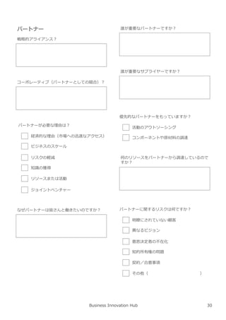 Business Innovation Hub
戦略的アライアンス︖
コーポレーティブ（パートナーとしての競合）︖
パートナー
パートナーが必要な理由は︖
経済的な理由（市場への迅速なアクセス）
ビジネスのスケール
リスクの軽減
知識の獲得
リソースまたは活動
ジョイントベンチャー
なぜパートナーは皆さんと働きたいのですか︖
誰が重要なパートナーですか︖
誰が重要なサプライヤーですか︖
優先的なパートナーをもっていますか︖
活動のアウトソーシング
コンポーネントや原材料の調達
何のリソースをパートナーから調達しているので
すか︖
パートナーに関するリスクは何ですか︖
明瞭にされていない顧客
異なるビジョン
意思決定者の不在化
知的所有権の問題
契約／合意事項
その他（ ）
30
 
