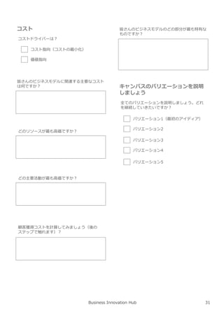 Business Innovation Hub
コスト
コストドライバーは︖
コスト指向（コストの最小化）
価値指向
皆さんのビジネスモデルに関連する主要なコスト
は何ですか︖
皆さんのビジネスモデルのどの部分が最も特有な
ものですか︖
バリエーション1（最初のアイディア）
バリエーション2
バリエーション3
バリエーション4
キャンバスのバリエーションを説明
しましょう
全てのバリエーションを説明しましょう。どれ
を継続していきたいですか︖
どのリソースが最も高価ですか︖
どの主要活動が最も高価ですか︖
顧客獲得コストを計算してみましょう（後の
ステップで触れます）︖
バリエーション5
31
 