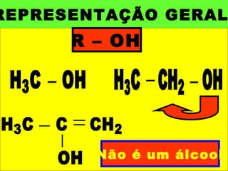REPRESENTAÇÃO GERAL
R – OH
H3C OH H3C CH2 OH
Não é um álcool
H3C C CH2
OH
 