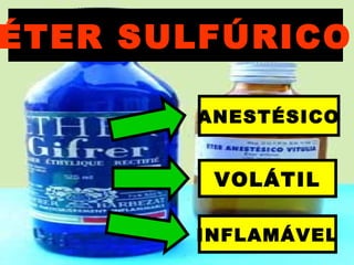 ÉTER SULFÚRICO
ANESTÉSICO
VOLÁTIL
INFLAMÁVEL
 