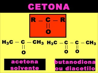 CETONA
O
H3C C CH3
butanodiona
ou diacetilo
acetona
solvente
H3C C C CH3
O O
R C R
O
 