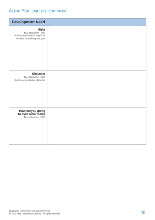 Leadership Framework: Self assessment tool
© 2012 NHS Leadership Academy. All rights reserved. 12
Development Need
Risks
Max characters (750)
Outline any risks that might be
involved in reaching this goal
Obstacles
Max characters (500)
Outline any potential obstacles
How are you going
to over come them?
Max characters (500)
Action Plan - part one continued
 