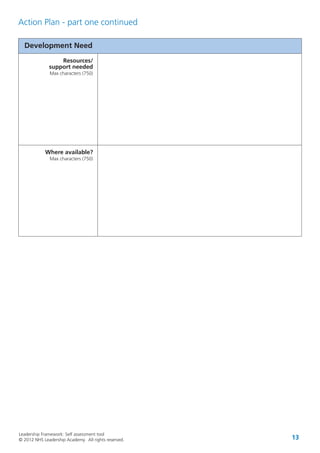 Leadership Framework: Self assessment tool
© 2012 NHS Leadership Academy. All rights reserved. 13
Development Need
Resources/
support needed
Max characters (750)
Where available?
Max characters (750)
Action Plan - part one continued
 