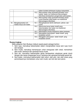 dalam konteks kehidupan budaya masyarakat
15.2 Menunjukkan sikap apresiatif terhadap unsur
estetis teater non tradisional Mancanegara
(NonAsia) berdasarkan pengamatan pertunjukan
15.3 Menunjukkan sikap apresiatif terhadap pesan
moral (kearifan lokal) teater non tradisional
Mancanegara (NonAsia)
16 Mengekspresikan diri
melalui karya seni teater
16.1 Mengeksplorasi teknik olahtubuh, pikiran, dan
suara
16.2 Merancang karya teater kreatif yang
dikembangkan dari teater non tradisional
Mancanegara (NonAsia)
16.3 Menerapkan prinsip kerjasama dalam berteater
16.4 Menyiapkan pertunjukan teater kreatif yang
diciptakan sendiri
16.5 Menggelar pertunjukan teater kreatif yang
diciptakan sendiri
Ruang Lingkup
Mata pelajaran Seni Budaya meliputi aspek-aspek sebagai berikut.
1. Seni rupa, mencakup keterampilan dalam menghasilkan karya seni rupa murni
dan terapan
2. Seni musik, mencakup kemampuan untuk menguasai olah vokal, memainkan
alat musik, berkarya dan apresiasi karya musik
3. Seni tari, mencakup keterampilan gerak berdasarkan eksplorasi gerak tubuh
dengan dan tanpa rangsangan bunyi, berkarya dan apresiasi terhadap gerak tari
4. Seni teater, mencakup keterampilan olah tubuh, olah pikir, dan olah suara yang
pementasannya memadukan unsur seni musik, seni tari dan seni peran.
Sk-kd sma/ma seni budaya 14
 