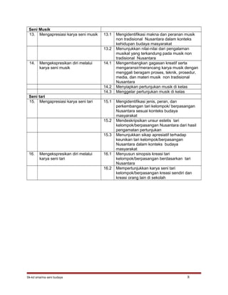 Seni Musik
13. Mengapresiasi karya seni musik 13.1 Mengidentifikasi makna dan peranan musik
non tradisional Nusantara dalam konteks
kehidupan budaya masyarakat
13.2 Menunjukkan nilai-nilai dari pengalaman
musikal yang terkandung pada musik non
tradisional Nusantara
14. Mengekspresikan diri melalui
karya seni musik
14.1 Mengembangkan gagasan kreatif serta
mengaransir/merancang karya musik dengan
menggali beragam proses, teknik, prosedur,
media, dan materi musik non tradisional
Nusantara
14.2 Menyiapkan pertunjukan musik di kelas
14.3 Menggelar pertunjukan musik di kelas
Seni tari
15. Mengapresiasi karya seni tari 15.1 Mengidentifikasi jenis, peran, dan
perkembangan tari kelompok/ berpasangan
Nusantara sesuai konteks budaya
masyarakat
15.2 Mendeskripsikan unsur estetis tari
kelompok/berpasangan Nusantara dari hasil
pengamatan pertunjukan
15.3 Menunjukkan sikap apresiatif terhadap
keunikan tari kelompok/berpasangan
Nusantara dalam konteks budaya
masyarakat
16. Mengekspresikan diri melalui
karya seni tari
16.1 Menyusun sinopsis kreasi tari
kelompok/berpasangan berdasarkan tari
Nusantara
16.2 Mempertunjukkan karya seni tari
kelompok/berpasangan kreasi sendiri dan
kreasi orang lain di sekolah
Sk-kd sma/ma seni budaya 8
 