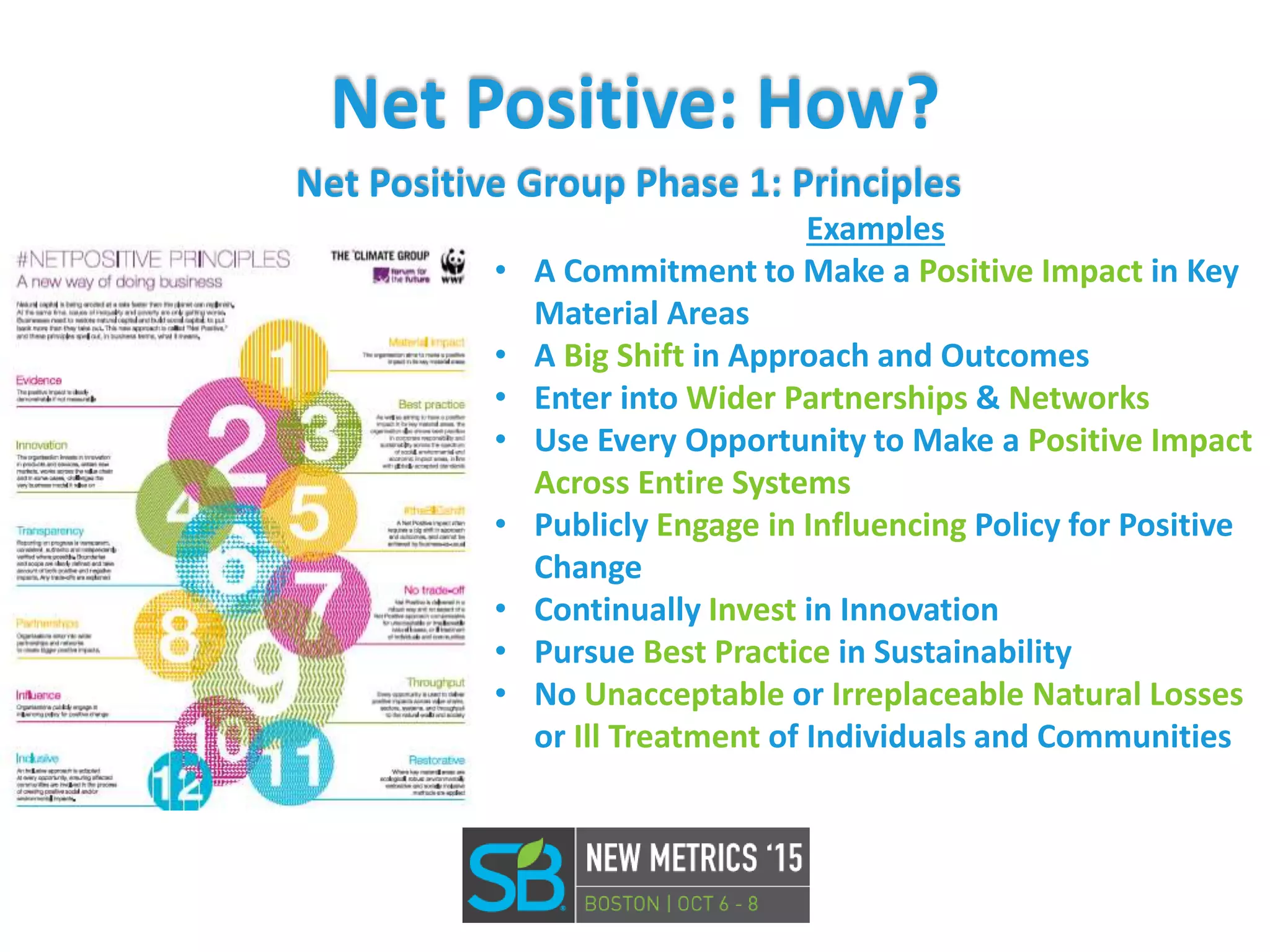 Net Positive: How?
Net Positive Group Phase 1: Principles
Examples
• A Commitment to Make a Positive Impact in Key
Material Areas
• A Big Shift in Approach and Outcomes
• Enter into Wider Partnerships & Networks
• Use Every Opportunity to Make a Positive Impact
Across Entire Systems
• Publicly Engage in Influencing Policy for Positive
Change
• Continually Invest in Innovation
• Pursue Best Practice in Sustainability
• No Unacceptable or Irreplaceable Natural Losses
or Ill Treatment of Individuals and Communities
 