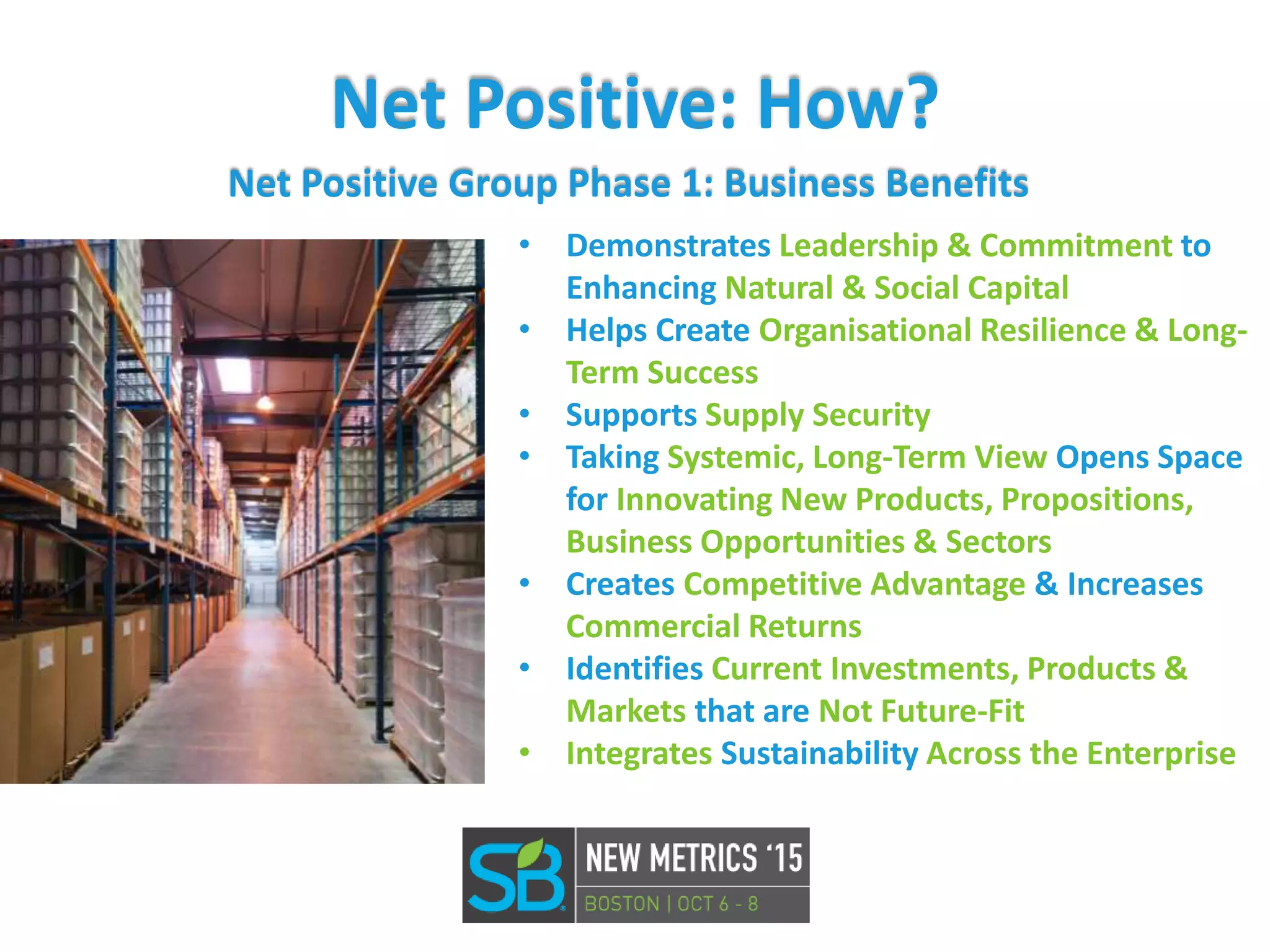 Net Positive: How?
Net Positive Group Phase 1: Business Benefits
• Demonstrates Leadership & Commitment to
Enhancing Natural & Social Capital
• Helps Create Organisational Resilience & Long-
Term Success
• Supports Supply Security
• Taking Systemic, Long-Term View Opens Space
for Innovating New Products, Propositions,
Business Opportunities & Sectors
• Creates Competitive Advantage & Increases
Commercial Returns
• Identifies Current Investments, Products &
Markets that are Not Future-Fit
• Integrates Sustainability Across the Enterprise
 