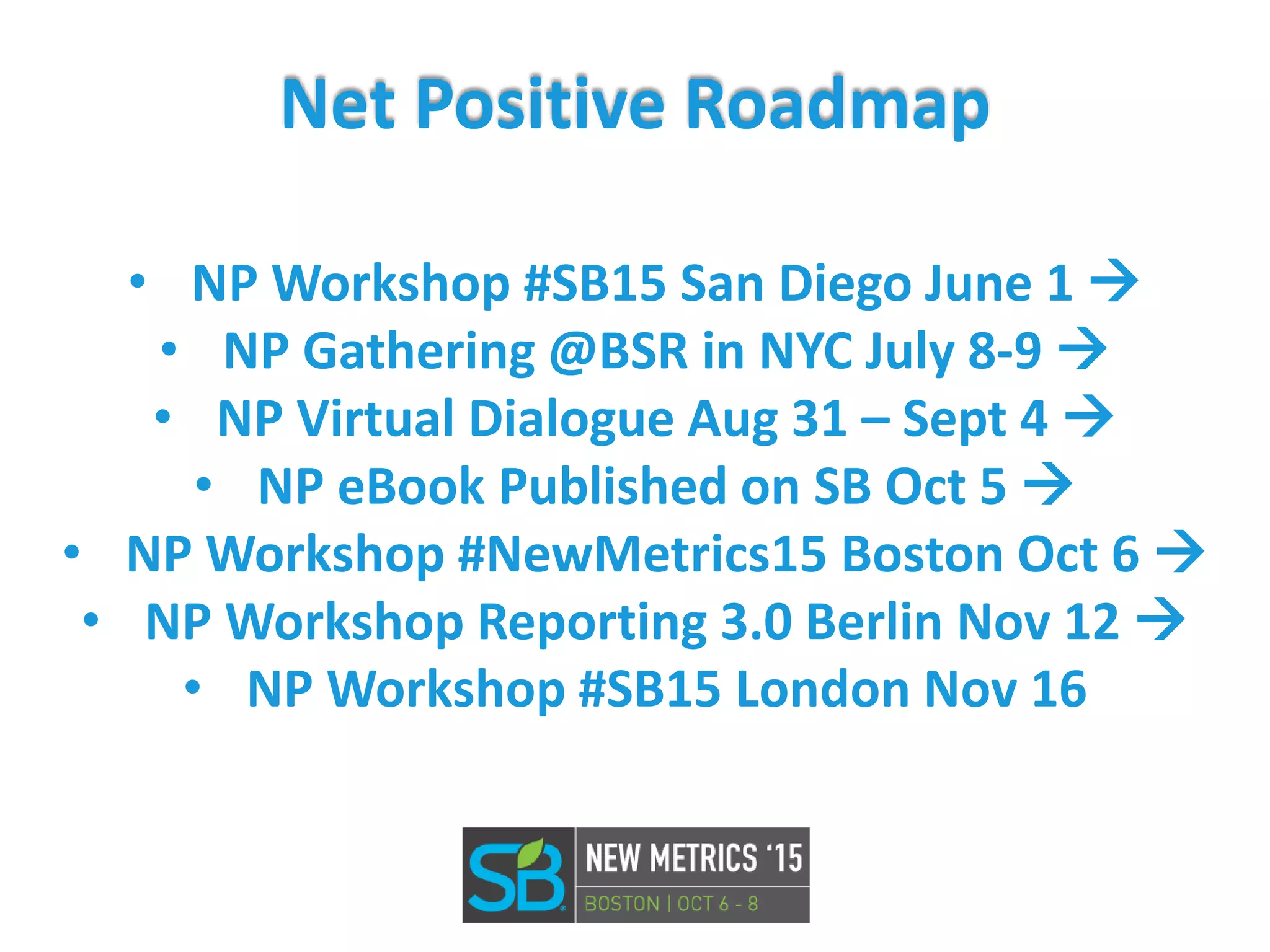 Net Positive Roadmap
• NP Workshop #SB15 San Diego June 1 
• NP Gathering @BSR in NYC July 8-9 
• NP Virtual Dialogue Aug 31 – Sept 4 
• NP eBook Published on SB Oct 5 
• NP Workshop #NewMetrics15 Boston Oct 6 
• NP Workshop Reporting 3.0 Berlin Nov 12 
• NP Workshop #SB15 London Nov 16
 