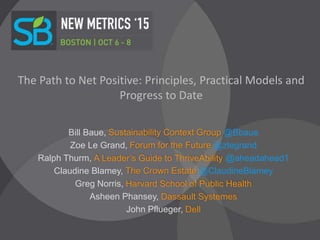 The Path to Net Positive: Principles, Practical Models and
Progress to Date
Bill Baue, Sustainability Context Group @Bbaue
Zoe Le Grand, Forum for the Future @zlegrand
Ralph Thurm, A Leader’s Guide to ThriveAbility @aheadahead1
Claudine Blamey, The Crown Estate @ClaudineBlamey
Greg Norris, Harvard School of Public Health
Asheen Phansey, Dassault Systemes
John Pflueger, Dell
 