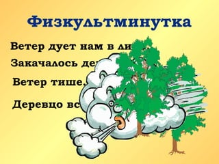 Физкультминутка
Ветер дует нам в лицо,
Закачалось деревцо.
Деревцо все выше, выше.
Ветер тише, тише, тише,