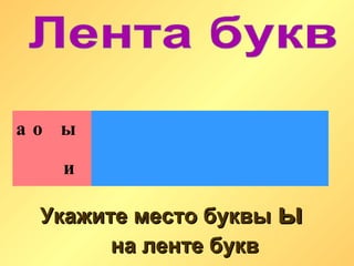 Укажите место буквыУкажите место буквы ыы
на ленте буквна ленте букв
а о
и
ы