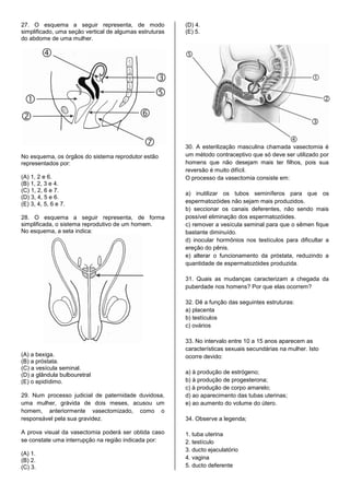 27. O esquema a seguir representa, de modo
simplificado, uma seção vertical de algumas estruturas
do abdome de uma mulher.
No esquema, os órgãos do sistema reprodutor estão
representados por:
(A) 1, 2 e 6.
(B) 1, 2, 3 e 4.
(C) 1, 2, 6 e 7.
(D) 3, 4, 5 e 6.
(E) 3, 4, 5, 6 e 7.
28. O esquema a seguir representa, de forma
simplificada, o sistema reprodutivo de um homem.
No esquema, a seta indica:
(A) a bexiga.
(B) a próstata.
(C) a vesícula seminal.
(D) a glândula bulbouretral
(E) o epidídimo.
29. Num processo judicial de paternidade duvidosa,
uma mulher, grávida de dois meses, acusou um
homem, anteriormente vasectomizado, como o
responsável pela sua gravidez.
A prova visual da vasectomia poderá ser obtida caso
se constate uma interrupção na região indicada por:
(A) 1.
(B) 2.
(C) 3.
(D) 4.
(E) 5.
30. A esterilização masculina chamada vasectomia é
um método contraceptivo que só deve ser utilizado por
homens que não desejam mais ter filhos, pois sua
reversão é muito difícil.
O processo da vasectomia consiste em:
a) inutilizar os tubos seminíferos para que os
espermatozóides não sejam mais produzidos.
b) seccionar os canais deferentes, não sendo mais
possível eliminação dos espermatozóides.
c) remover a vesícula seminal para que o sêmen fique
bastante diminuído.
d) inocular hormônios nos testículos para dificultar a
ereção do pênis.
e) alterar o funcionamento da próstata, reduzindo a
quantidade de espermatozóides produzida.
31. Quais as mudanças caracterizam a chegada da
puberdade nos homens? Por que elas ocorrem?
32. Dê a função das seguintes estruturas:
a) placenta
b) testículos
c) ovários
33. No intervalo entre 10 a 15 anos aparecem as
características sexuais secundárias na mulher. Isto
ocorre devido:
a) à produção de estrógeno;
b) à produção de progesterona;
c) à produção de corpo amarelo;
d) ao aparecimento das tubas uterinas;
e) ao aumento do volume do útero.
34. Observe a legenda;
1. tuba uterina
2. testículo
3. ducto ejaculatório
4. vagina
5. ducto deferente
 
