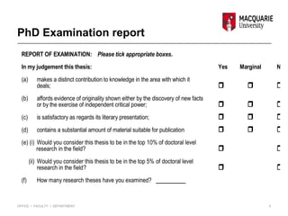 PhD Examination report
REPORT OF EXAMINATION: Please tick appropriate boxes.
In my judgement this thesis: Yes Marginal No
(a) makes a distinct contribution to knowledge in the area with which it
deals;   
(b) affords evidence of originality shown either by the discovery of new facts
or by the exercise of independent critical power;   
(c) is satisfactory as regards its literary presentation;   
(d) contains a substantial amount of material suitable for publication   
(e) (i) Would you consider this thesis to be in the top 10% of doctoral level
research in the field?  
(ii) Would you consider this thesis to be in the top 5% of doctoral level
research in the field?  
(f) How many research theses have you examined? __________
5OFFICE I FACULTY I DEPARTMENT
 